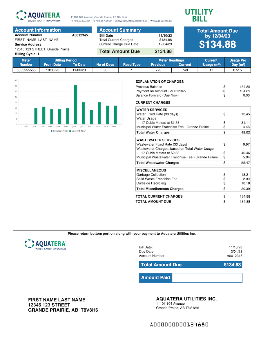 Aquatera example bill for residential